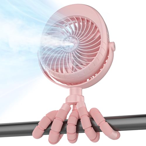Image of 2025 Upgarded 4000mAh Misting Baby Stroller Fan, Rechargeable Battery Operated,Max 15Hrs Cooling,50ml Portable Water Sprayer Misting Fan with Flexible Tripod Clip on Car Seat Crib Treadmill Bunk Bed