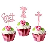Gyufise 24Pcs Pink Glitter God Bless and Cross Cupcake Toppers Girl Babyshower Cake Topper Decorations for Babyshower Girl Baptism Party Decoration Supplies
