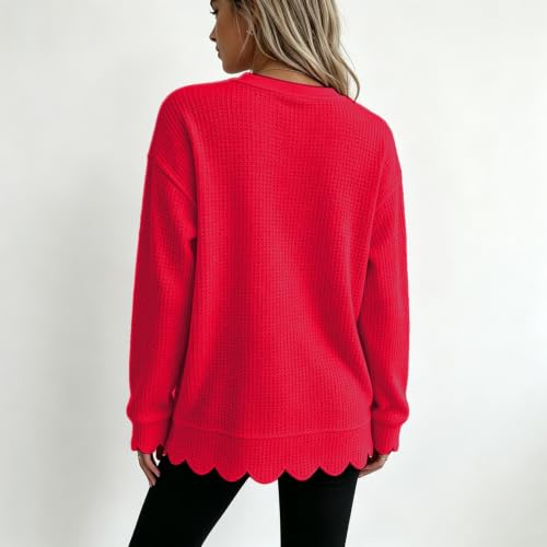 Womens Scalloped Top Waffle Knit Top Long Sleeve Crewneck Pullover Blouse - image 2