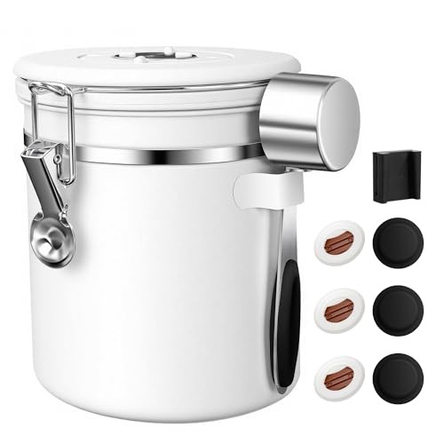 ShanSonコーヒーキャニスター 密封容器 ステンレス コーヒー豆酸化防止 遮光 日付表示 スプーン 単方向排気バルブ付き食品保存缶 砂糖 茶葉 お菓子 珈琲 豆入れ 保存容器 ホワイト（Amazon）