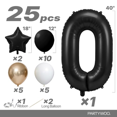 Image of PartyWoo Black Number 0 Balloon 40 Inch 25pcs Black Foil Star White Gold
