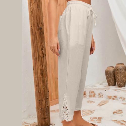 HGps8w Lace Patchwork Linen Pants for Women Elastic Waist Comfy Casual Solid Versatile Loose Work Trousers with Pockets4