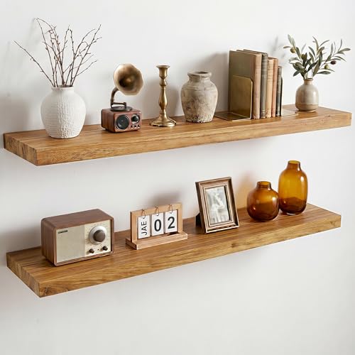 Image of Dreamland 36 Inch Long Floating Shelves Set of 2, Rustic Solid Elm Wood Floating Shelf Wall Mounted, 8 Inch Deep Wooden Wall Shelves for Living Room, Bedroom, Bathroom, Kitchen, Natural