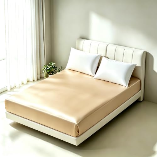 1 Piece Satin Fitted Sheet Only Classic Luxury Silky Soft Bed Sheets Solid Color (Gold, Fitted Sheet (Twin))