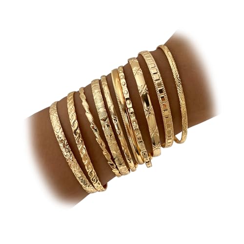 IFKM Gold Bangles Bracelets For Women, 14k Gold Plated Multi Layer Stackable Open Bracelet Set...