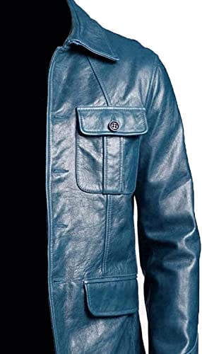 Leather Jacket Men | Vintage Four Pocket Genuine Leather Jacket | Shirt Collar Five Buttons Mens Leather Jacket (As1, Alpha, X_L, Regular, Regular, Blue) #TOP2