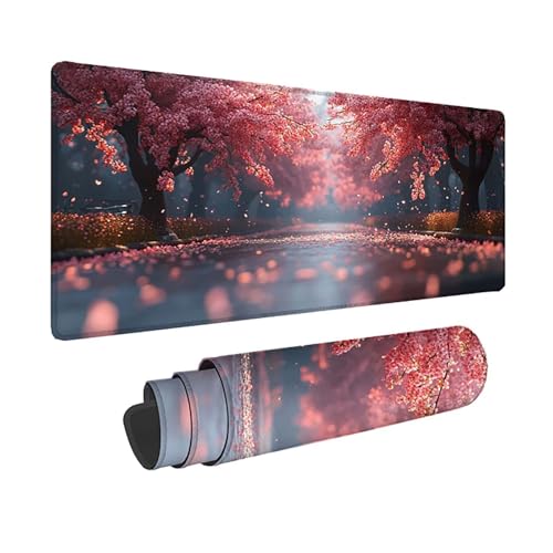Tapis souris fleurs de cerisier sous main XXL résistant aux liquides avec bords cousus