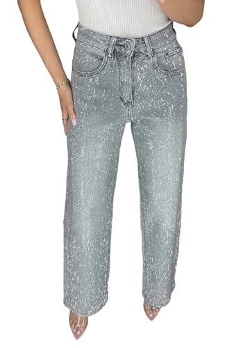 LETSVDO Womens Straight Leg Rhinestone Jeans High Rise Baggy Wide Leg Pearl Sequin Sparkle Cowgirl Jeans Pants Outfits Grey