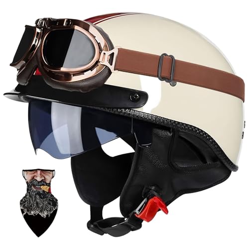 Halbschalenhelm Motorradhelm mit ABS-Schale ECE-zertifizierter Schnellverschluss und abnehmbarem Visier für Erwachsene | Chopper Helm Mofa Helm Retro JetHelm Halbhelm für Scooter