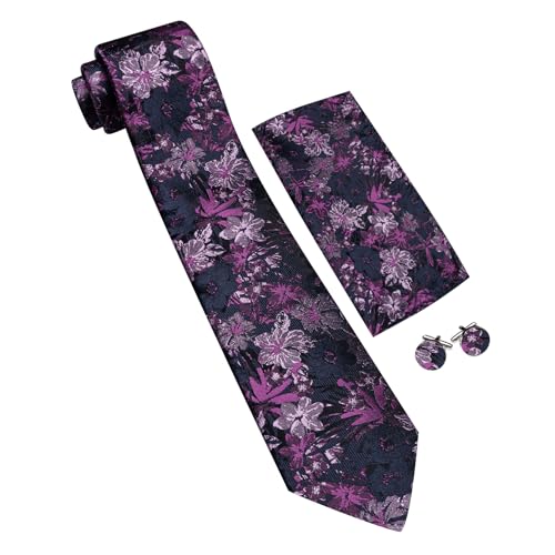 Image of Barry.Wang Flower Ties for Men Handkerchief Cufflinks Set Wedding Necktie Set Party