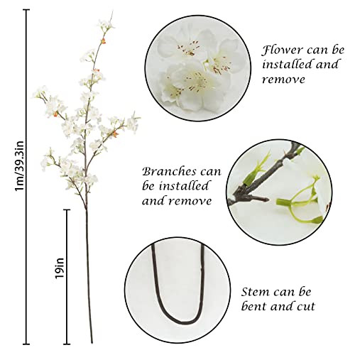 Obbsie 4Pcs Artificial Cherry Blossom Flower Branches, 39.4" Fake Silk Pink Cherry Blossom Tree Stems Faux Cherry Flowers Vase Arrangements For Home Wedding Table Centerpieces Vase Diy Decor, White #TOP5