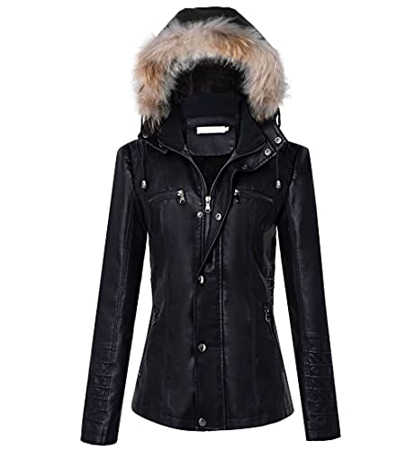 borfieon Damen Lederjacke Faux PU Reißverschluss Mit Kapuze Abnehmbarer...