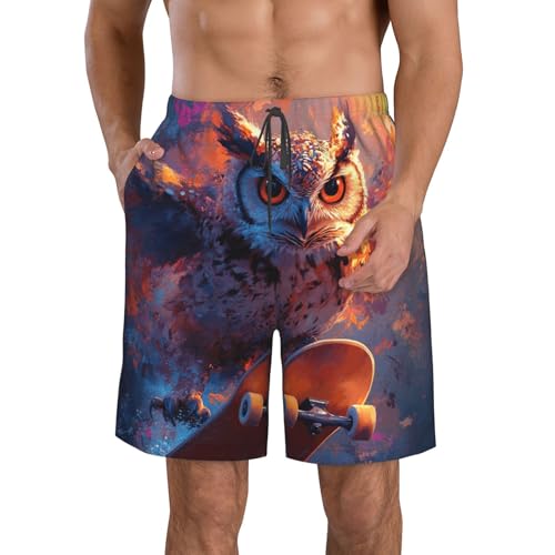 Bonitos pantalones cortos de playa con estampado de ajolote para hombre, cintura con cordón en la cintura, pantalones cortos planos con bolsillos, Colorido búho monopatín 6, XL
