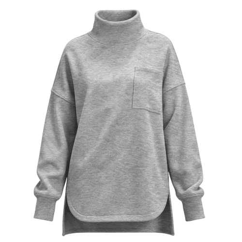 GOSEAGOTOFUN Mock Neck Sweatshirt Women High Neck Side Slit Casual Sweatshirt Long Sleeve Loose Pullover Fashion Fall Clothes Grey Small - image 3