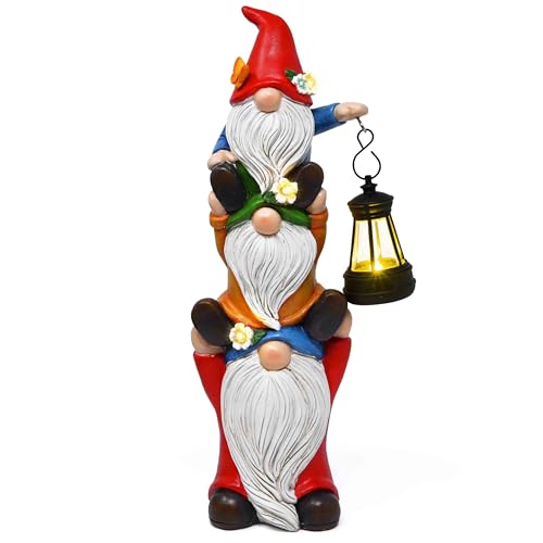Gift Boutique Solar Garden Gnome Statue with Lantern Stacked Gnomes Outdoor Decor Lighted Yard Lawn Patio Decoration Whimsical Resin Figurine Home Accent