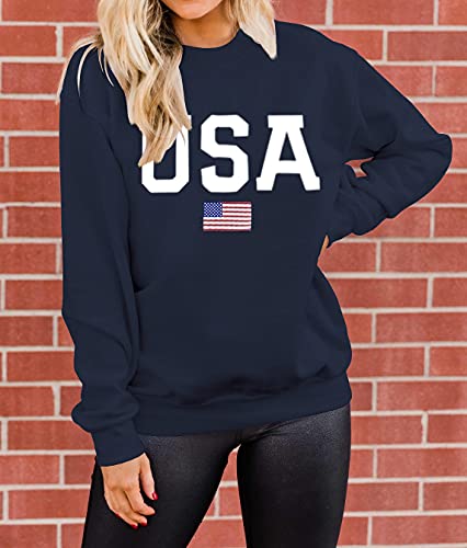 Dressmine Women's Casual Usa Flag Fourth Of July Shirts America Top Long Sleeve Graphic Crew Neck Sweatshirt Pullover Navy Blue Large #TOP2