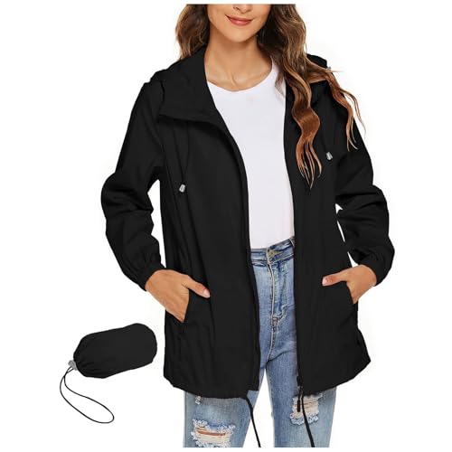 Generisch Regenjacke Damen Wasserdicht Faltbar Übergangsjacke Leichte Jacke mit Kapuze Windbreaker Dünne Fahrradjacke Atmungsaktiv Softshelljacke Wanderjacke Outdoor...