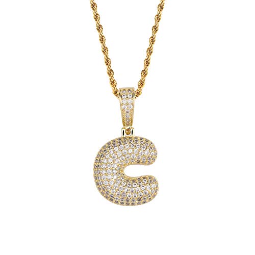 HECHUANG Micropave Simulated Diamond Iced Out Bling Custom Bubble Letters Pendant with Rope Chain (C Gold, 24)