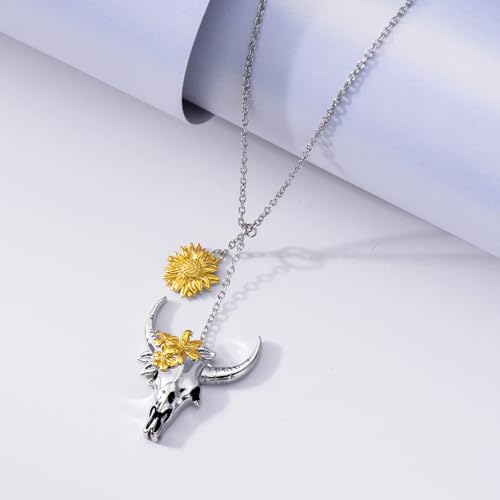 Bull-Necklace-925-Sterling-Silver-Bull-Skull-Head-with-Sunflower-Pendant-Cowgirl-Cowboy-Necklace-Boho-Western-Country-Jewelry-Gifts-for-Women Bull Necklace 925 Sterling Silver Bull Skull Head with Sunflower Pendant Cowgirl Cowboy Necklace Boho Western Country Jewelry Gifts for Women