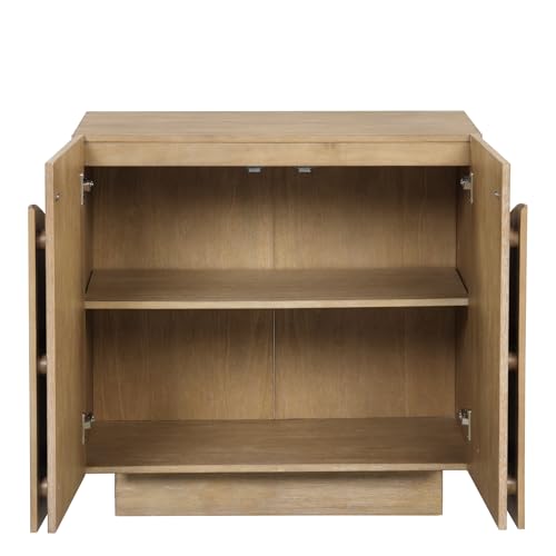 Image of Nathan James Iris Sideboard and Bookcase Set, Mid-Century Modern Solid Wood Storage Unit with Arched Doors, 2 Cabinets and 2 Bookshelves with Cabinet, Light Brown