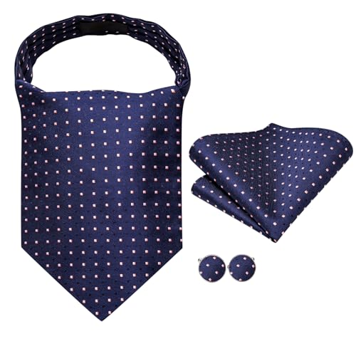 Image of Hi-Tie Silk Ascot for Men Self Tie Men's Cravat and Flower Lapel Pin Handkerchief Cufflinks Set for Wedding Party