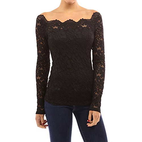 Juleya Mujer Tops de Encaje Blusa Elegante señora Cuello Redondo Camisa Cordón Tejer Flores Tops Largo Manga Camiseta por Negocio Cena Fiesta