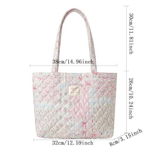 Image of Floral Quilted Cotton Shoulder Bag for Women Medium Size Handbag Large Capacity Thickened Design Tote