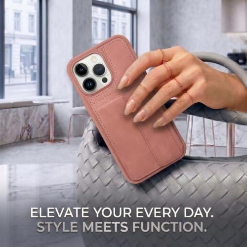 Image of amazon basics Luxury Vegan Leather Back Cover for iPhone 14 Pro Max | Built-in Card Holder Slot | Integrated Mobile Stand | Slim Shockproof Protective Case with Stitched Finish - Pink