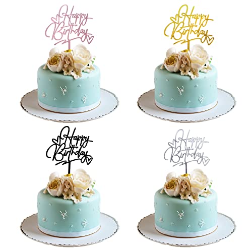 XINCHENG 4 Pcs Topper Happy Birthday, Deco Gateau Anniversaire, Acrylique Joyeux Anniversaire Gâteau Cake Topper pour Garcon Fille(Argent, Or, Noir, Rouge) Cover
