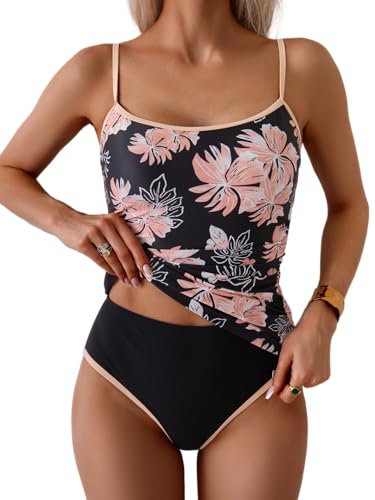 Image of Eomenie Women's Tankini Swimsuits Two Piece Tummy Control Bathing Suit Color Block Slim Swimwear with High Waisted Bottom