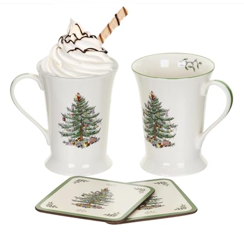 Spode Pimpernel Christmas Tree Mug & Coaster Set – (10oz) 2 Porcelain Coffee Cups with Handles & 2 Square 5mm Cork-Backed Drink Mats, Durable Heat & Stain Resistant Table Accessories