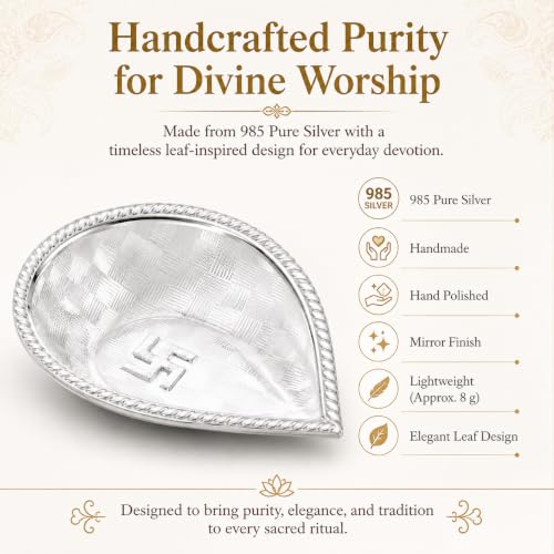 Image of 985 Pure Silver Leaf Diya, Handmade Silver Deepam Oil Lamp, Chandi Diya for Home Temple, Daily Pooja, Lakshmi Pooja & Diwali, Pooja Item, Wedding, Housewarming, Return Festival Gift