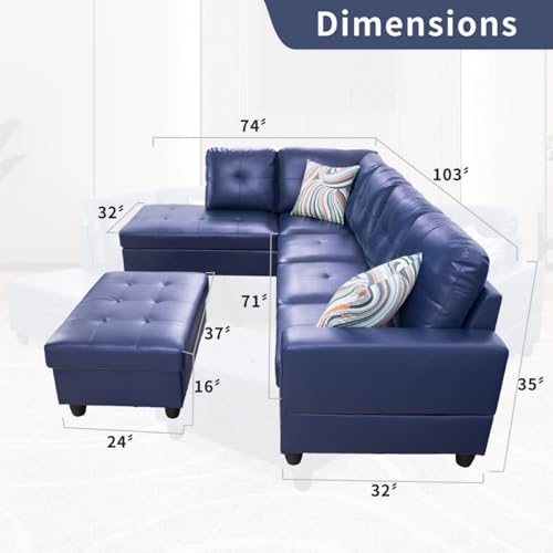 Image of L-Shaped 3-Piece Semi PU Synthetic Leather Sofa with Storage Ottoman Set, Sectional Couch Sofa Set for Living Room, Office, Small Space, Blue