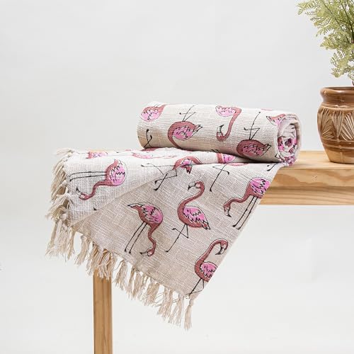 Image of Handmade 100% Cotton Hand Block Print Floral Flamingo Sofa Throw Blanket for Couch & Car, 50x70 Inches or 127cm x 178cm (Multi-Color 010)