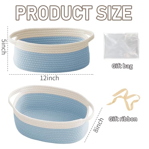 Image of JMvicyroam Small Woven Basket, Empty Gift Basket, White&Blue /1 Pack | Small Gift Basket, Cotton Rope, 12 x 8 x 63 in, Handles, Includes Ribbon and Bag, Birthday Gift Basket