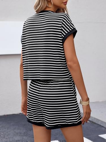 Image of Tankaneo Womens Summer 2 Piece Sets Striped Short Sleeve T Shirts and Shorts Loungewear Matching Set