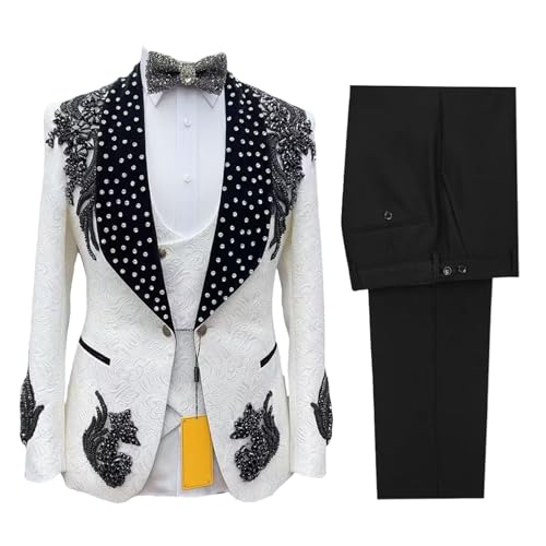 3 Piece Mens Suit Luxury Rhinestones White Jacquard Slim Fit Formal Tuxedo Dress with Jacket Vest Pants