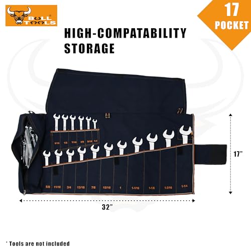 Image of BULL TOOLS Metric Ratcheting Wrench Set SAE, 17-Pocket Roll, with Zip Pouch, Made from Durable Recycled Cotton Canvas for Mechanics, DIYers, and Home Use - Navy Blue