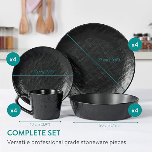 Navaris Steingut Geschirr Set 4 Personen (16 Teile) - Teller Set Geschirrset Geschirr - Tafelservice mit Suppenteller Tellerset - Kombiservice - Tafelservice 4 Personen - Anthrazit