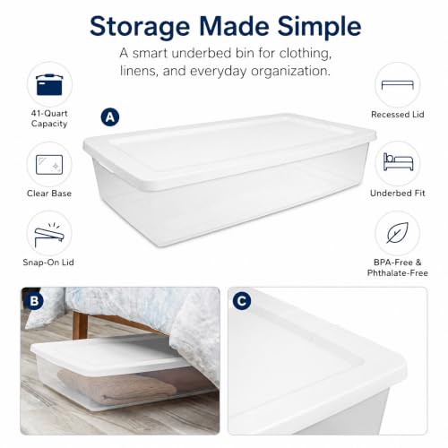 41-Quart-Medium-Storage-Bin-Clear-Plastic-Underbed-Storage-Low-Profile-Bedframe-Box-with-Latching-Lid-Flat-Totes-for-Blankets-Space-Saving-PP-Material-Utility-in-Bedroom-Dorm