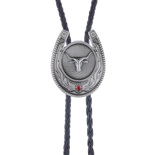 Image of Jeilwiy Bolo Tie for Men, Western Cowboy Golden Longhorn Bull Eagle Horse Cowboy Hat Bolo Necklace Leather Necktie for Women