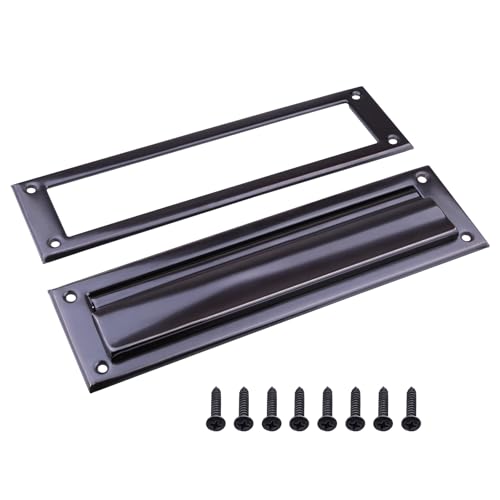 Baudelun Matte Black Solid Brass Mail Slot, 13\" x 3-5/8\", with Solid Brass Interior Frame for Door Mail Slots, 1 Pack