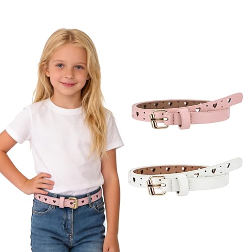 ZUIMEIHQH 2 Pack Girls Belt Kids Belt Skinny PU Leather with Heart Cutout Adjustable Thin Waist Belt with Alloy Buckle for Jeans Dresses School Outfits (White & Pink)