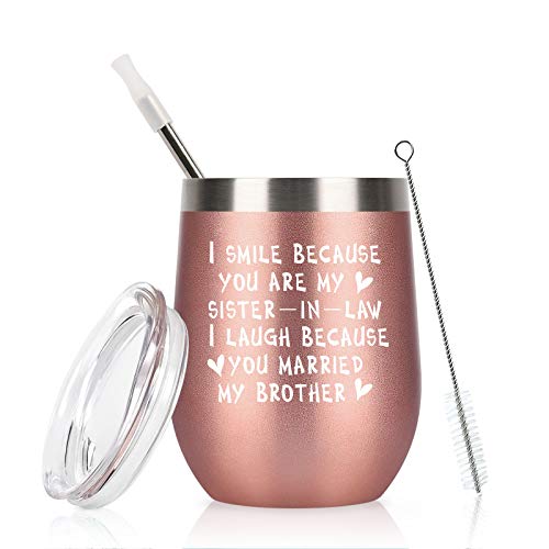 Sister In Law Gifts, I Smiled Because You're My Sister In Law Wine Tumbler With Lid, Wedding Christmas Birthday Gifts For Sister In Law, Bride, Stainless Steel Insulated Tumbler (12 Oz, Rose Gold) #TOP27