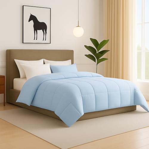 Image of Bed Comforter - King Size - Light Blue - 300 GSM Quilt Blanket Rajai - Winter Warm Down Alternative Duvet Insert with Corner Ties