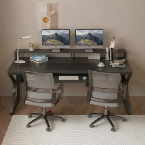 Image of TEKAVO Plik Computer Table for Home Pc | Office Table for Home | Shelf, Moniter Riser & Keyboard Tray, Laptop Table, Worktable, Study Table, Workstation | Black Wood, Metal, (150 Cm x 60 Cm) DIY