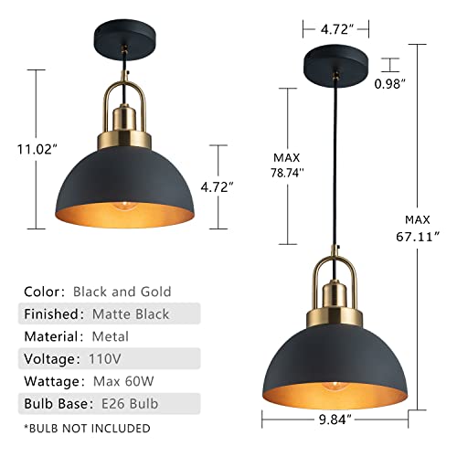 YHANFENGCY Vintage Pendant Light 9.84 "Black and Gold Chandelier Lighting Brass Socket Dome line Length 78.74" for Kitchen Island, Dining Room, Bedroom - Image 3