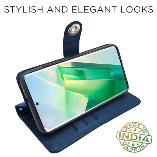 Image of Pikkme Vivo T2 pro 5G Flip Cover Leather Finish | Inside TPU with Card Pockets | Wallet Stand and Shock Proof | Complete Protection Button Flip Case (Blue)
