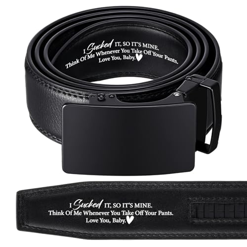 Image of Mens Belt Personalized Engraved I Sucked It So Its Mine Belt Leather Slide Ratchet for Husband Wedding Dress Casual