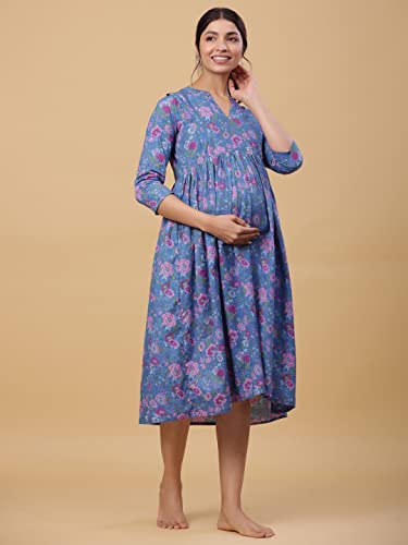 Image of Pre & Post Maternity /Nursing Wear Hand Printed Kurta Cum Midi Dress /Nighty with Both Sides Zipper for Easy Feeding for to Be Moms & Nursing Mothers � Pure Cotton Blue Pink
